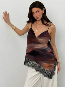 Aloruh Casual Minimalist Style Deep Brown Abstract Tie Dye Print Pattern Women Elegant Sexy Contrast Lace Camisole Suitable For Spring/Summer, Vacation, Party - Multicolor - View 6