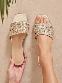 SHUZIA Sandal đế bằng bằng da giả đan móc thoải mái, kiểu dáng thường ngày dành cho nữ. - Vàng - Xem 2