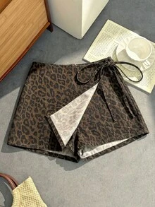 Comfortcana 女士休闲豹纹侧系带牛仔短裤，夏季 - 棕色 - 查看 2