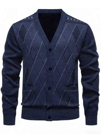 Manfinity Mode Men's Knitted Cardigan With Fleece, V-Neck , Fall Winter, Long Sleeve Top