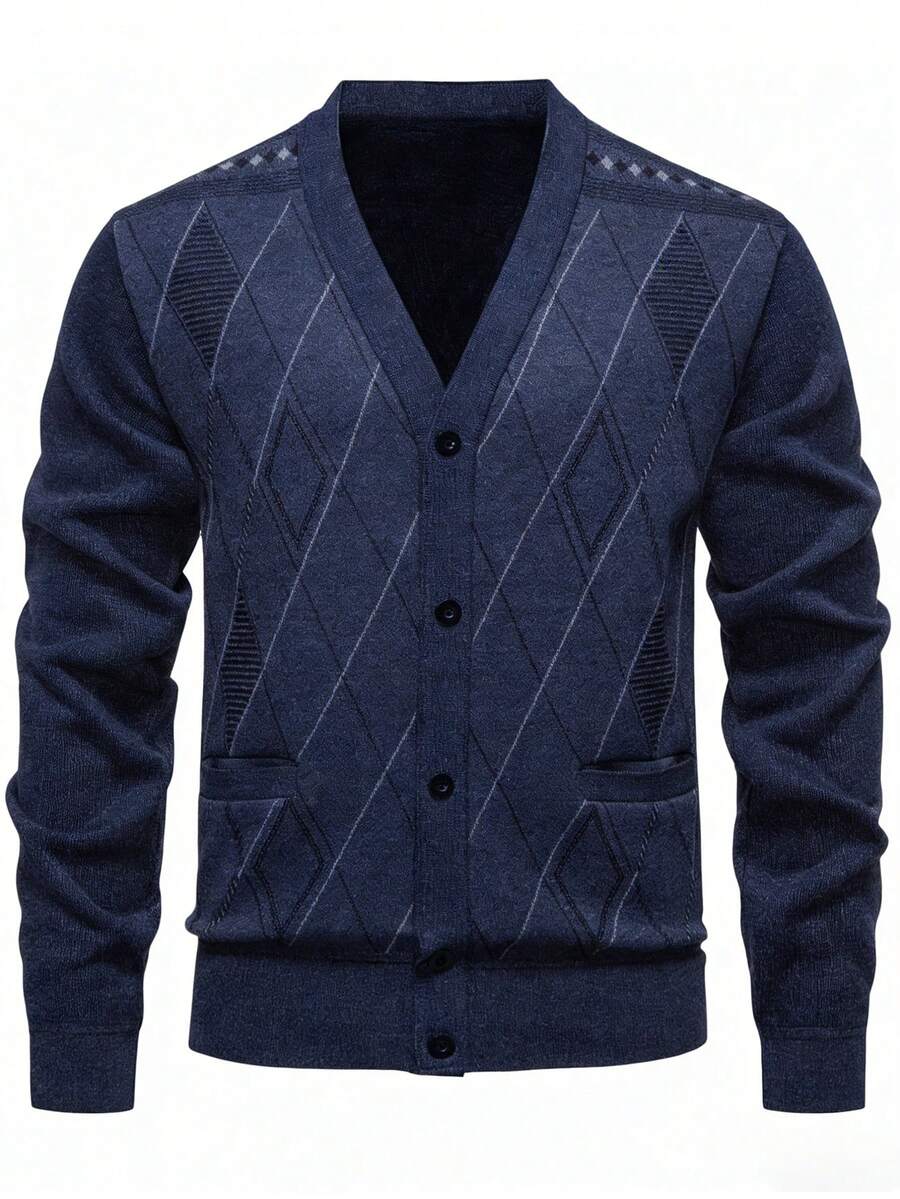 Manfinity Mode Men's Knitted Cardigan With Fleece, V-Neck , Fall Winter, Long Sleeve Top - Navy Blue - View 1