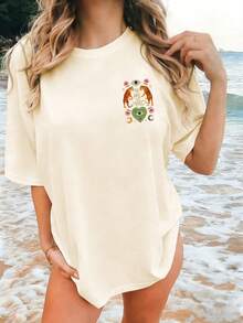 EMERY ROSE Women's Casual T-Shirt, Mysterious Tiger Art T-Shirt - Surrealism T-Shirt, Pink And Gold Tiger T-Shirt - Apricot - View 3