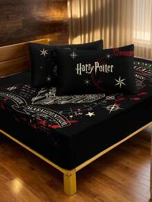 HARRY POTTER X SHEIN Bộ 3 món nệm in kỹ thuật số, mềm mại và ấm áp, thoải mái và thoáng khí, nhiều kích cỡ, phù hợp với giường đơn/giường đôi/giường cỡ Queen/giường cỡ King, có thể giặt máy (1 nệm + 2 vỏ gối) - màu đen - Xem 4