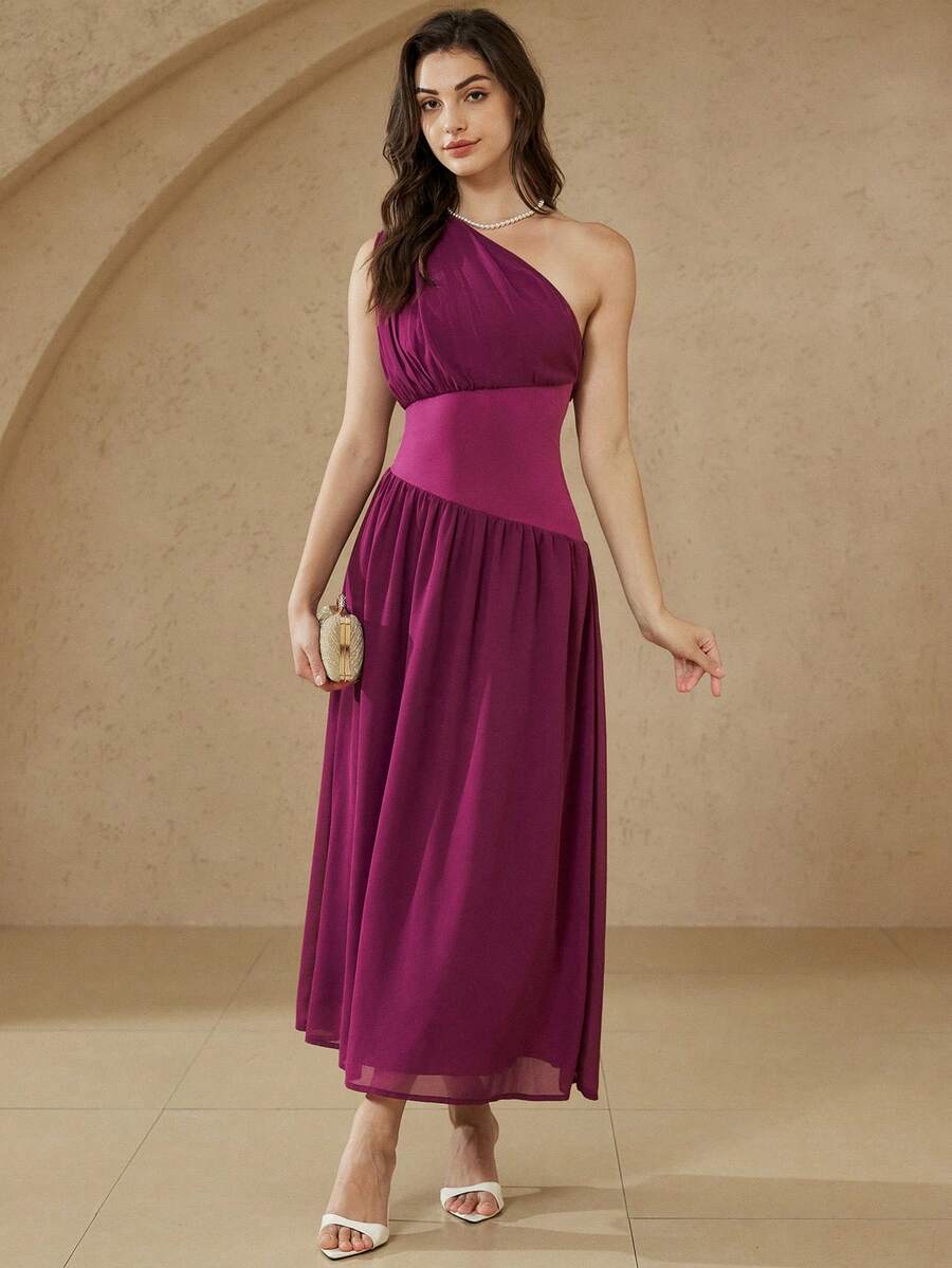 Aveloria Revavyn Rochie elegantă din șifon, cu imprimeu asimetric și talie pliată, stil luxos și grațios pentru petrecere și întâlniri - Violet - Vizualizare 1