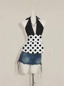 Top halter de estampado de rayas azul y blanco, elegante y versátil, adecuado para primavera/verano, cómodo para vacaciones de verano y playa para mujeres - Multicolor - Ver 3