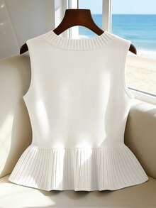 Franclia Women's White Summer Elegant Tea Party Holiday Round Neck Sleeveless Metal Buckle Splice Umbrella Hem Solid Color Fitted Knit Top,Spring/Summer - White - View 2