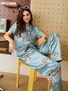 Chillnights Young Leopard Print Contrast Color Cardigan Women Pajama Set - Baby Blue - View 1