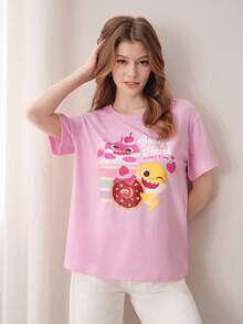 BABY SHARK X SHEIN 女士彩色印花圆领短袖T恤 - 粉色 - 查看 5