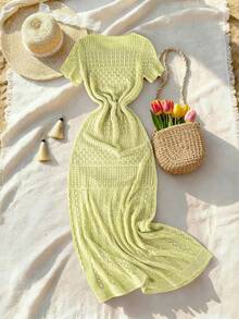 Breezaya 2026春夏新款欧美风性感修身腰部休闲度假日常户外女士浪漫海滩派对晚宴海边针织米色女式毛衣连衣裙，镂空慵懒舒适 - 青檸色 - 查看 2