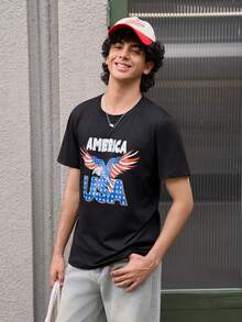 Open Phase Men's Casual Eagle Letter Printed Short Sleeve T-Shirt , Retro American, Unisex, Relaxed Fit Summer Outfits – Suitable For Everyday Wear And Summer Holiday Outfits. - Black - View 5