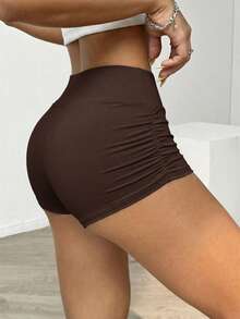 SHEIN EZwear 女士纯色高腰褶皱休闲短裤 - 咖啡棕 - 查看 2