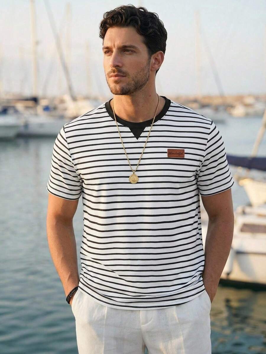 HIMLAND 男士休闲条纹印花圆领短袖T恤，适合外出穿着，也可作为送给老公/男友的礼物。简约时尚通勤短袖T恤，男士条纹T恤，男士夏季上衣，水手衫，男士T恤，男士夏季服装。