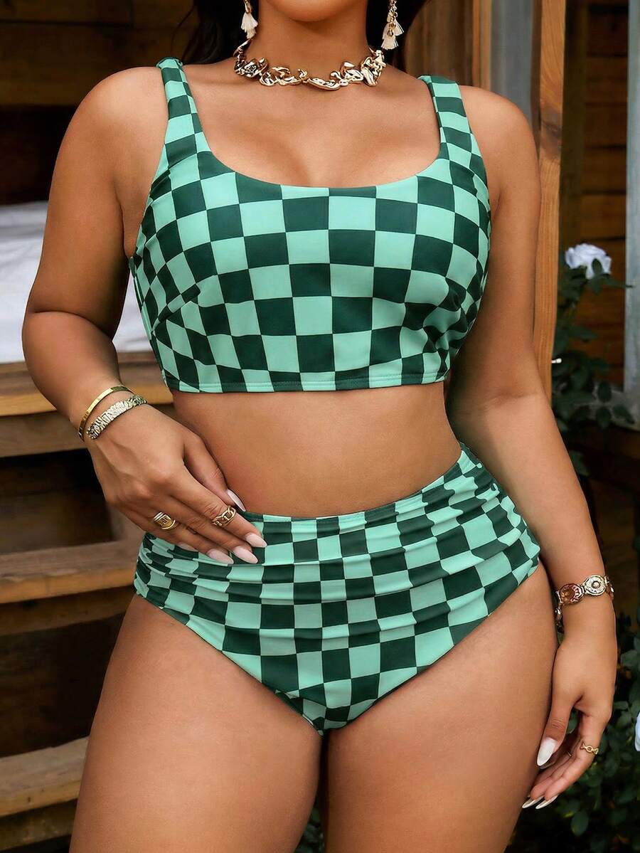 SHEIN Swim Curve 大码女士黑白格子吊带泳衣套装，休闲度假两相宜 - 綠色 - 查看 1