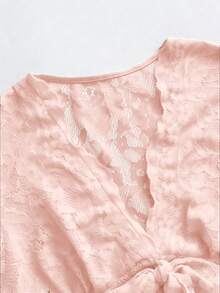 SHEIN LUNE 性感时尚紧身深V领长喇叭袖蕾丝边系带连体衣，酒红色，秋冬款 - 粉色 - 查看 7