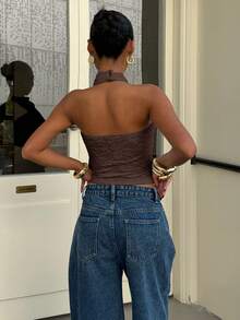 Muchica Brown Knit Halter Neck Top For Women,Summer Top - Brown - View 2