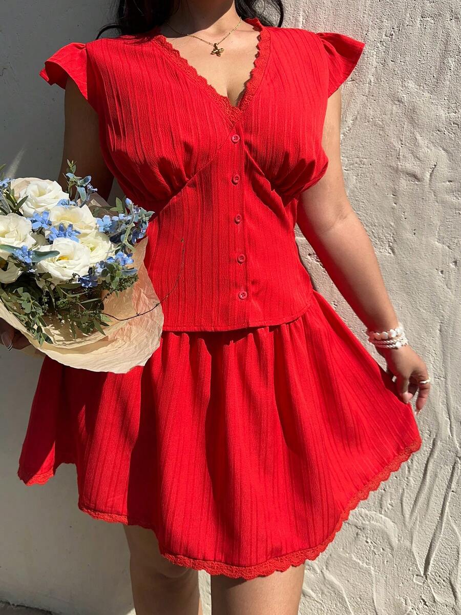 Sunnyshic Plus Size Women's 2-Piece Set: Vintage French Romantic V-Neck Lace Patchwork Textured Fabric Top, Red Blouse + Floral Hem Skirt, Suitable For Spring & Summer, Casual & Holiday Wear - Red - View 1