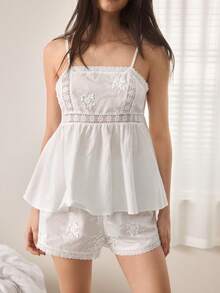 Ocili Bộ đồ ngủ nữ gồm áo hai dây và quần short cotton thoải mái, quần dài mềm mại có dây rút và viền thêu hoa. - trắng - Xem 6