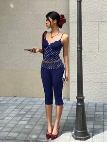 MainGRL 海军蓝波点女士打底裤 - 藏蓝色 - 查看 2