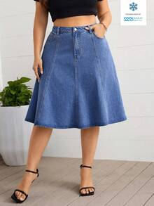 EMERY ROSE Falda vaquera casual de línea A, lavada, talla grande, para verano - Azul lavado medio - Ver 1