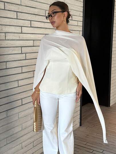 Siren Gaze A Versatile And Elegant Off-Shoulder Chiffon Blouse For Women. The White Design Is Slimming And Flattering. A Stylish And Versatile Piece With A Touch Of European Luxury, Perfect For  Sophisticated Looks. A New Spring/Summer Style, Suitable For Both Casual And Work Occasions. A Unique Shawl-Style Top.