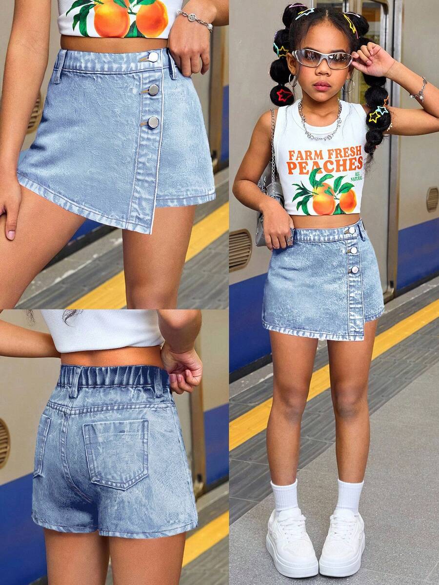 SHEIN Tween Girl Summer Y2K Casual Boho Asymmetrical Button Denim Skort, Summer Vacation And Daily Streetwear - Light Wash - View 1