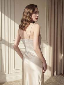 Suri Mira Áo hai dây nữ thanh lịch, đa năng, đính ngọc trai, chất liệu satin bóng, dáng bất đối xứng, thích hợp cho mùa xuân/thu. - Rượu sâm banh - Xem 2