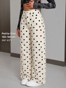 SHEIN PETITE Women's Polka Dot Pocket Button Casual Versatile Daily Wear Wide Leg Jeans - Beige - View 8
