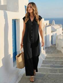 Bộ jumpsuit nữ màu trơn cổ chữ V cài một hàng khuy, dáng rộng, ống quần. - màu đen - Xem 7