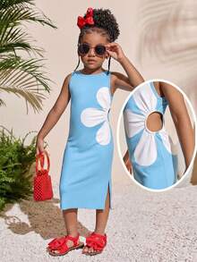 Young Girl Tropical Fashion Fuchsia Round Neck Waist Cutout A-Line Dress - Blue - View 6