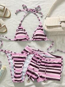 Bonvoyette 三件套女士沙滩比基尼，迷你短款条纹印花复古棕蓝色泳装，适合户外约会、沙滩派对、性感穿着、户外婚礼季、情人节、外出、音乐会、派对、夜店、约会、夜生活、度假、海滩装扮、花园婚礼宾客礼服，优雅女士服装，适合约会、秋冬春夏泳装。 - 粉色 - 查看 3