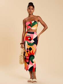 Travachic Women's Geometric Print Cropped Bandeau Top & Mini Skirt 2 Pieces Set, Vacation - Multicolor - View 1