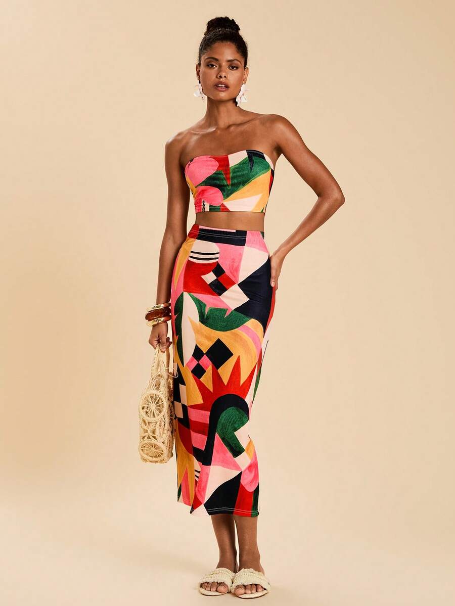 Travachic Women's Geometric Print Cropped Bandeau Top & Mini Skirt 2 Pieces Set, Vacation - Multicolor - View 1