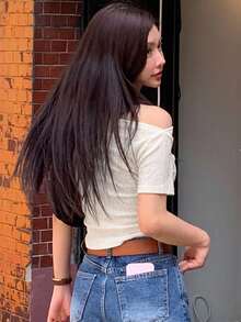 DAZY 纯色不对称肩部修身短袖白色女式T恤，夏季款 - 白色 - 查看 3