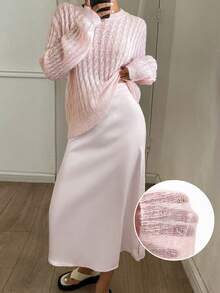 DAZY 2件套女士针织宽松长袖上衣和长裙休闲套装，春季 - 粉色 - 查看 3