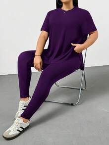 SHEIN Essnce 大码女装春夏时尚休闲运动舒适百搭显瘦日常黑色短袖T恤和打底裤两件套，裤装套装，街头风，机场穿搭，夏季女装，外出穿搭，Y2K风格，极简风，女士教堂着装 - 紫色 - 查看 5