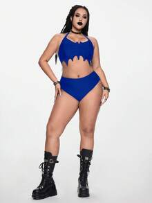 ROMWE Plus Size Gothic Bat Inspired Adjustable Strap Tankini Swimwear 2 Pieces Set - Blue - View 6