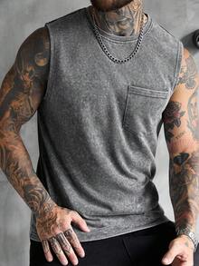 SLATEMANN Men's Casual Vintage Style Washed Tank Top With Chest Pocket, Suitable For Outings And As Gifts For Friends - Grey - View 1