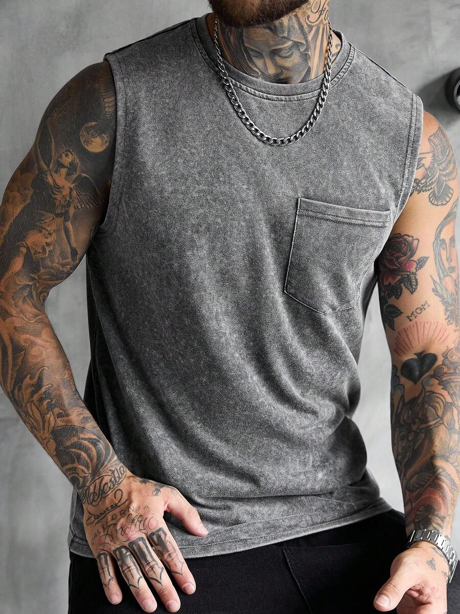SLATEMANN Men's Casual Vintage Style Washed Tank Top With Chest Pocket, Suitable For Outings And As Gifts For Friends - Grey - View 1