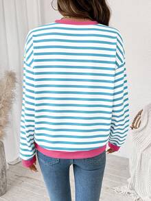 Wildy Áo sweatshirt nữ dáng rộng, cổ tròn, tay dài, họa tiết tối giản, màu xanh trắng kẻ sọc, phong cách thường ngày. - Nhiều màu - Xem 4