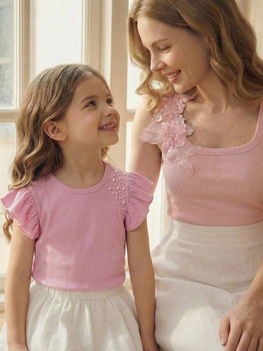 SHEIN Camiseta casual de verano sin mangas con diseño de cuentas para niñas - Rosa - Ver 1