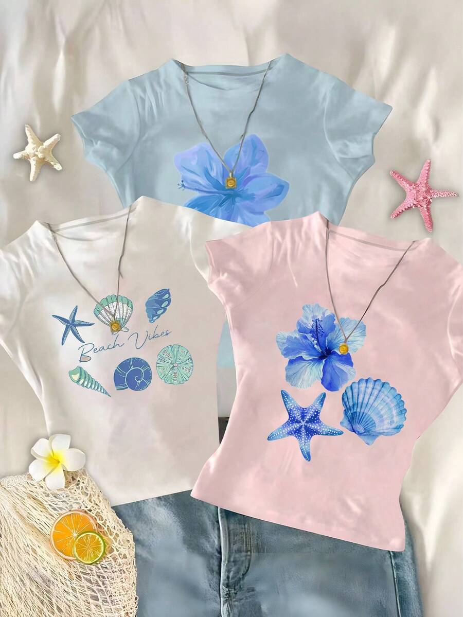 3件套少女短款紧身印花上衣,百合、芙蓉、海星图案,适合春夏穿着,休闲风格,适合海滩、周末活动,可爱夏日女童装,韩版风格,夏季上衣,休闲服饰 - 淺藍色 - 查看 1
