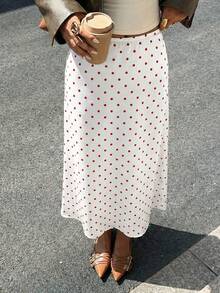 Falda larga elegante con dobladillo de sirena a lunares de satén marrón café para mujeres, Año Nuevo, Fiesta - Blanco 2 - Ver 3