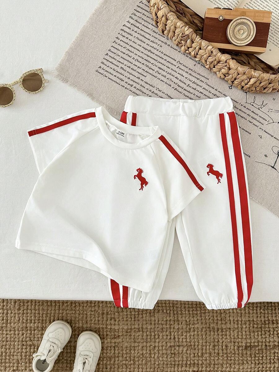 SHEIN 女嬰 2件/套 春季套裝 白色與紅色 夏季休閒城市度假運動風 寬鬆刺繡短澎澎袖上衣&條紋長褲 - 白色 - 查看 1