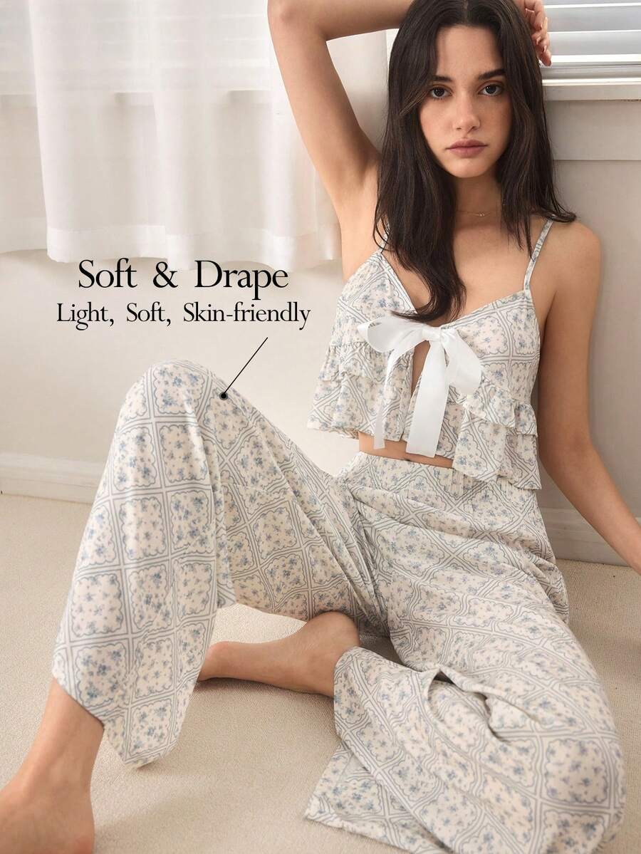 Ocili 2件套吊带上衣荷叶边抽绳柔软简约长裤,女士睡衣套装 - 彩色 - 查看 1
