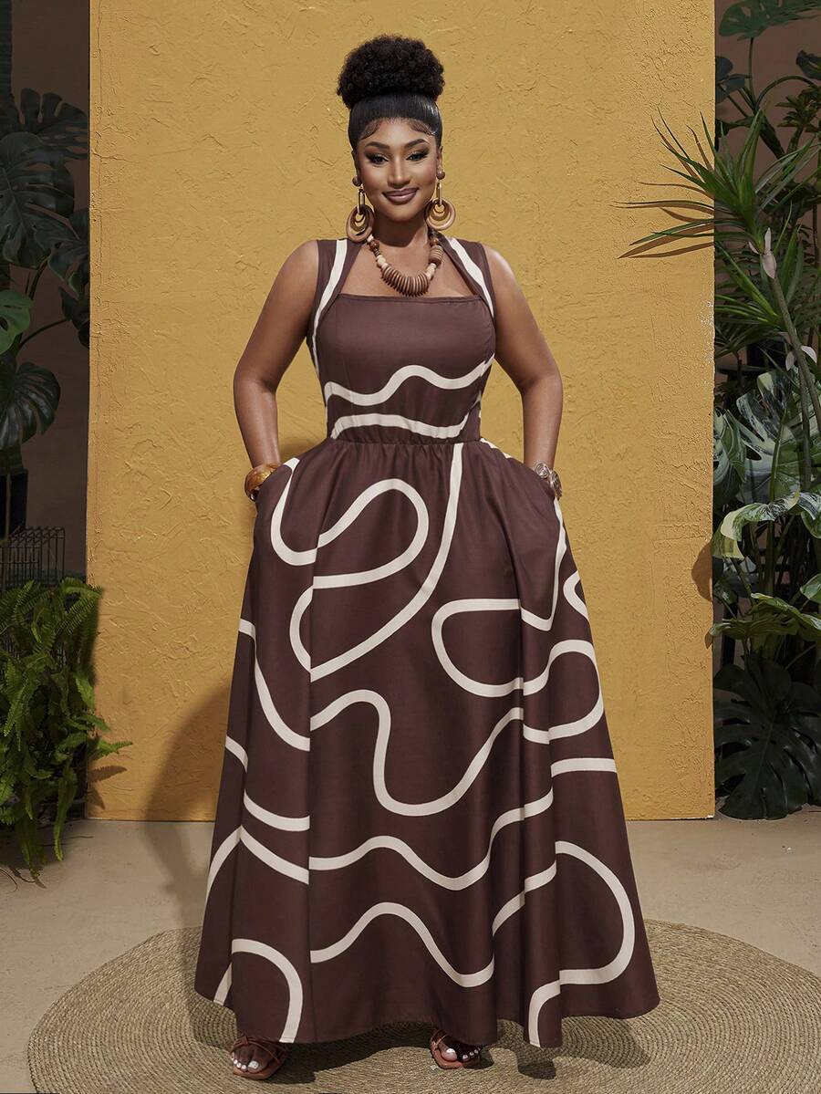 Maweii Đầm hai dây in họa tiết thời trang cỡ lớn dành cho nữ - Nhiều màu - Xem 1