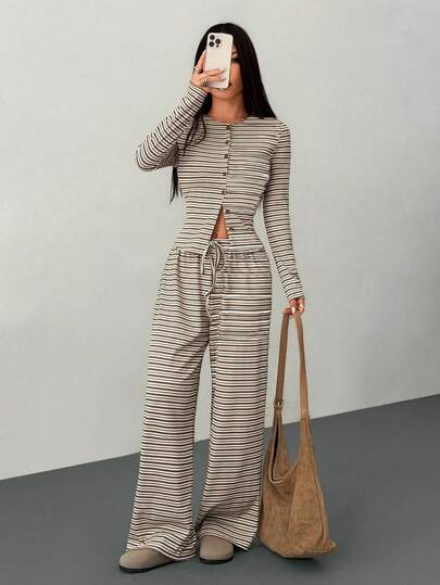 SHEIN PETITE 2pcs Women Casual Striped Front Button Long Sleeve Top And Wide Leg Pants Set, Spring And Summer 2 Piece Casual Sets Woman Comfortable Two Piece Set