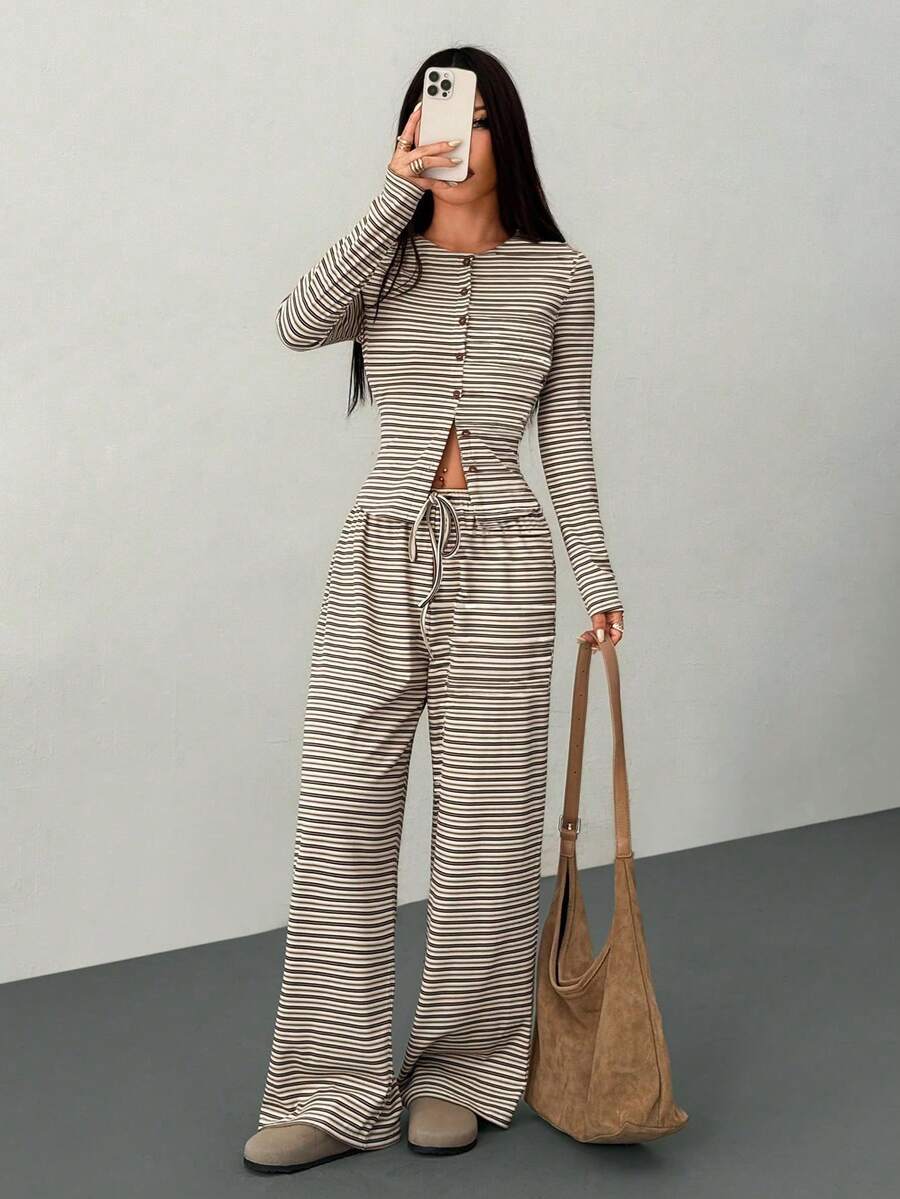 SHEIN PETITE 两件套女士休闲条纹前开襟长袖上衣和阔腿裤套装，春夏款