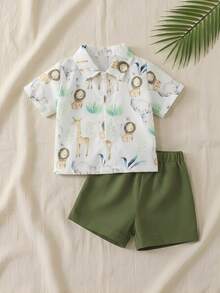 SHEIN Playful Pals 2件組新生兒男嬰套裝，白色夏季休閒度假卡通動物獅子印花短袖上衣與綠色短褲嬰兒服飾套裝 - 綠色 - 查看 7