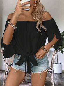 Linhara CURVE Plus Size Casual Solid Color One-Shoulder Ruffle Blouse - Black - View 1