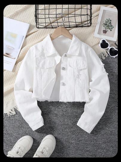 SHEIN 少女做旧牛仔夹克外套，复古白色水洗，短款设计，面料柔软舒适，时尚街头风，女童牛仔外套